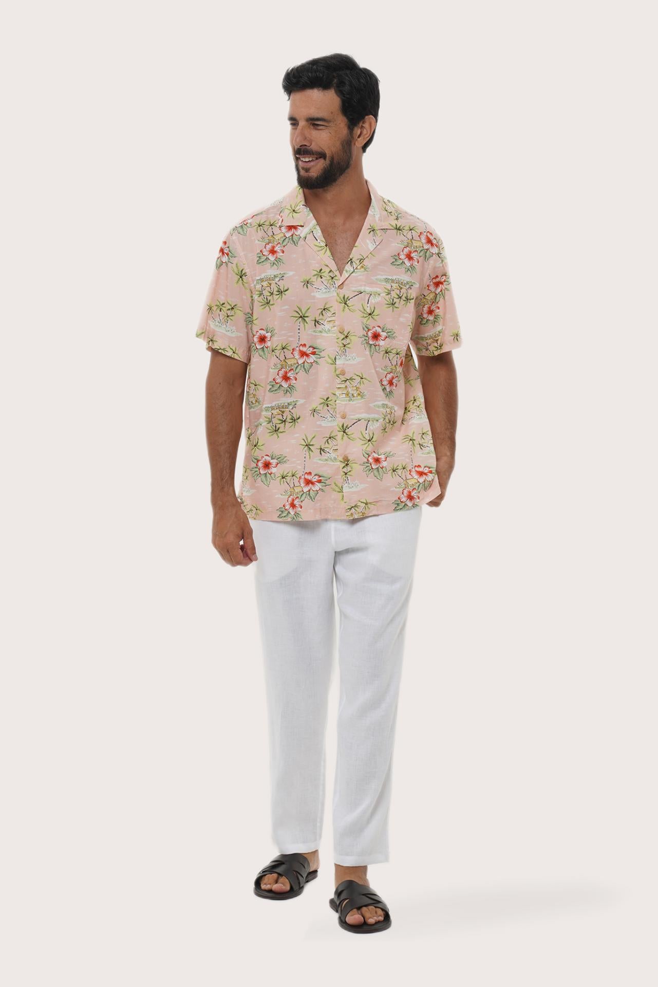 Front view of the Chalet Shirt Island Rhythm in Light Pink by By The Sea Bali, styled for effortless summer dressing
