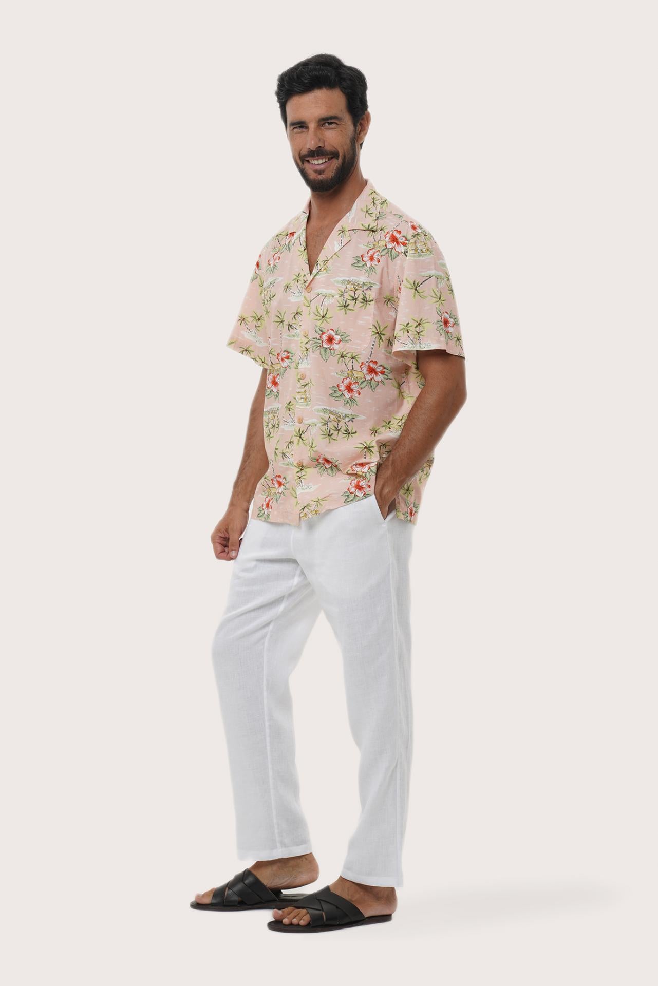 Side profile of the Chalet Shirt Island Rhythm in Light Pink highlighting its easy, breathable fit by By The Sea Bali