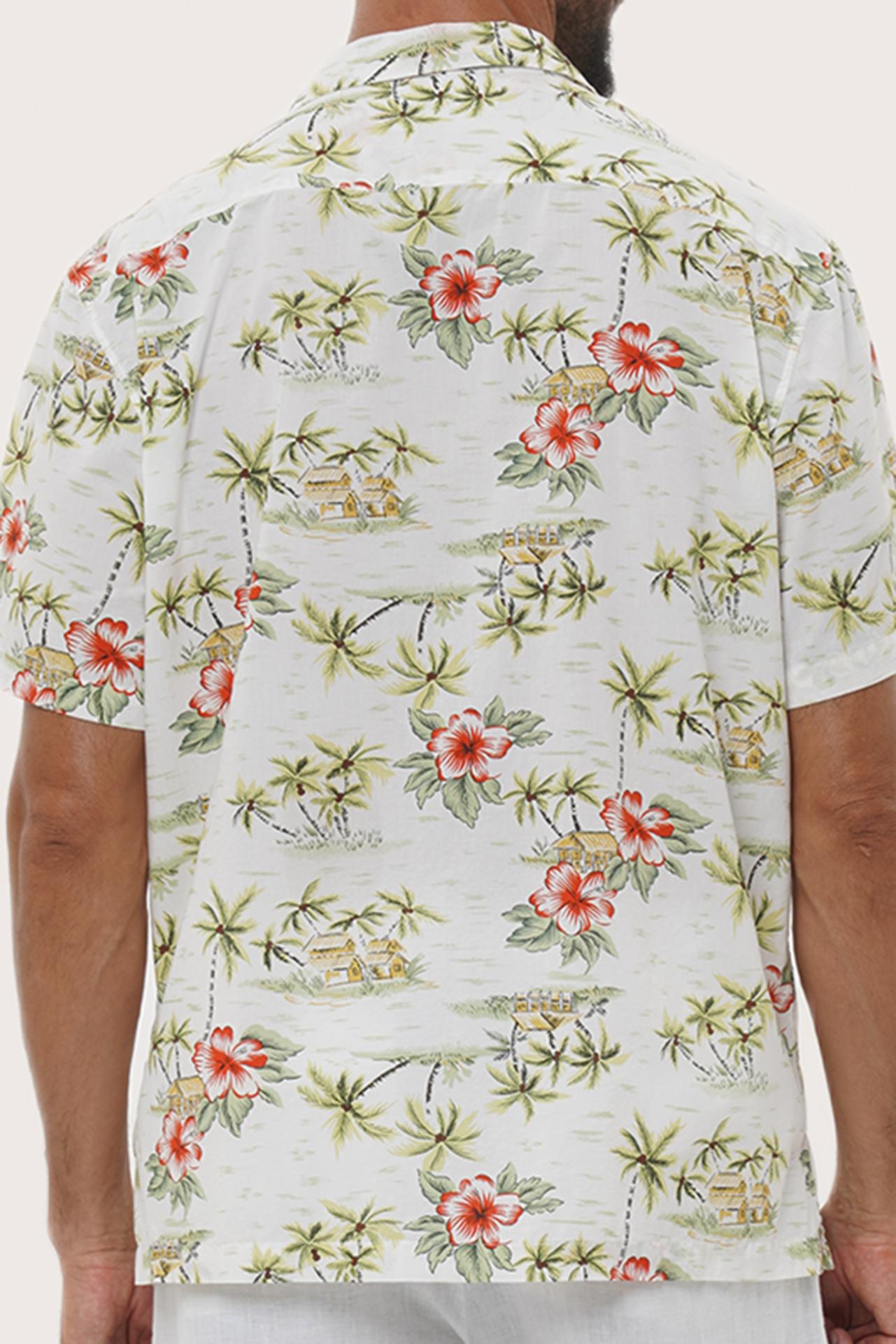 Open collar and button-front detail of the Chalet Shirt Island Rhythm in White by By The Sea Bali