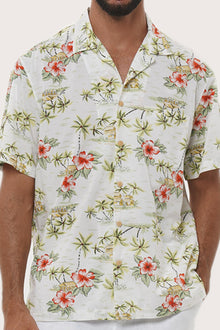 Close-up fabric and collar detail of the Chalet Shirt Island Rhythm in White by By The Sea Bali