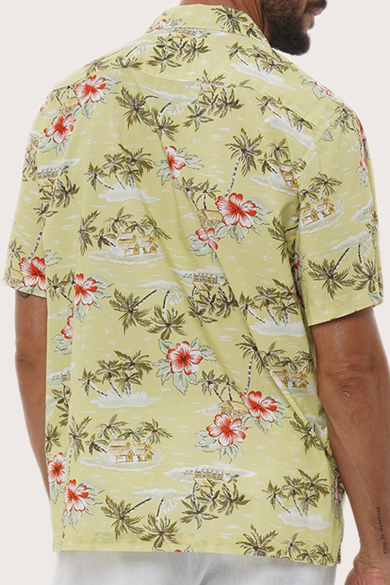 Open collar and button-front detail of the Chalet Shirt Island Rhythm in Yellow by By The Sea Bali