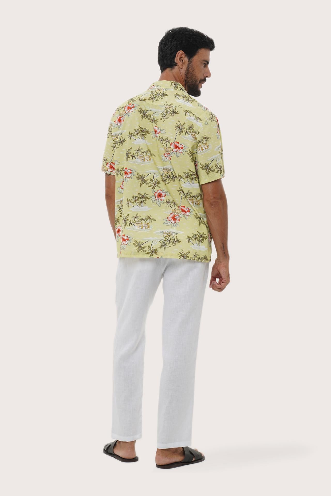 Back view of the Chalet Shirt Island Rhythm in Yellow showcasing its tailored finish by By The Sea Bali