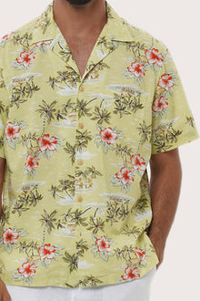 Close-up fabric and collar detail of the Chalet Shirt Island Rhythm in Yellow by By The Sea Bali