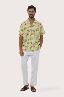 Front view of the Chalet Shirt Island Rhythm in Yellow by By The Sea Bali, styled for effortless summer dressing