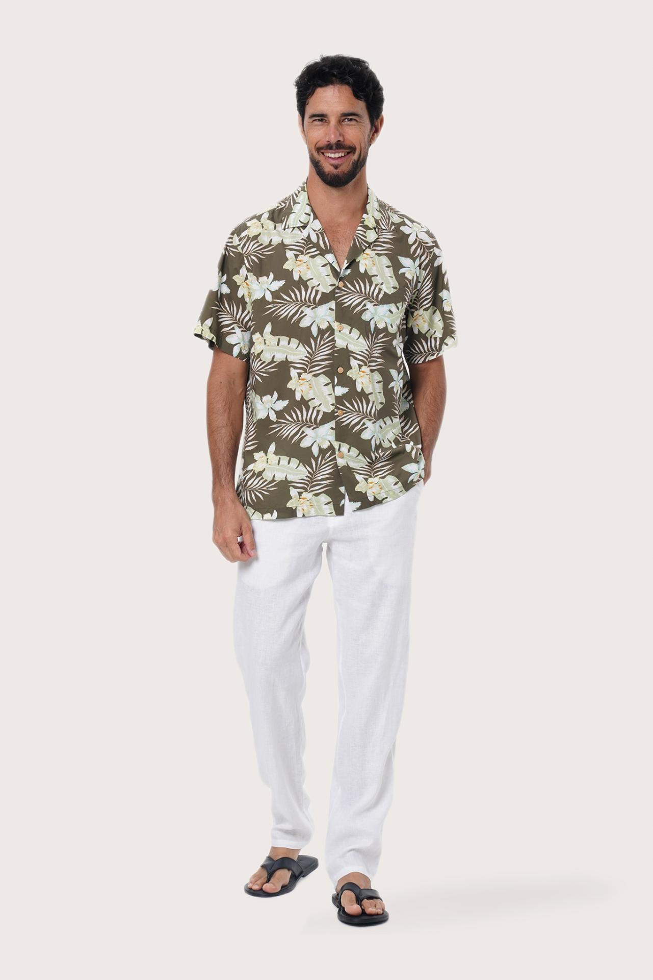 By The Sea Bali Chalet Shirt in Monstrea Army — tropical monstera-leaf print on a relaxed camp-collar shirt