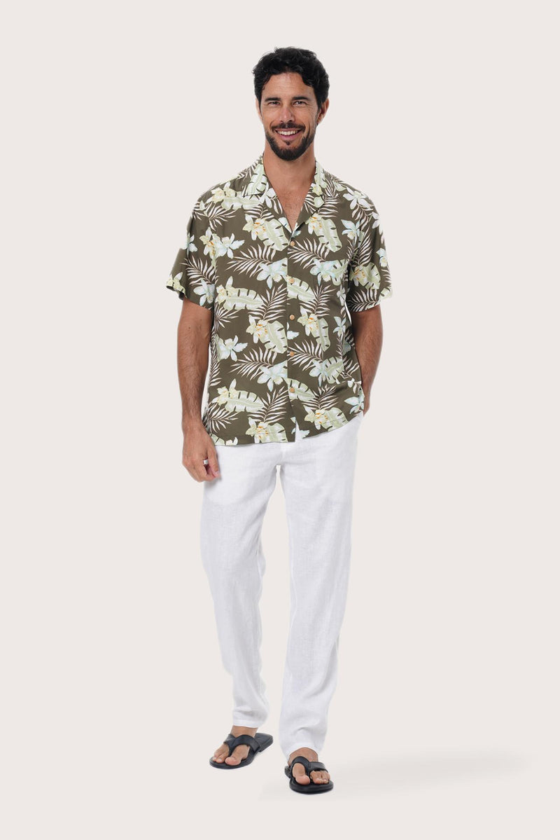 By The Sea Bali Chalet Shirt in Monstrea Army — tropical monstera-leaf print on a relaxed camp-collar shirt