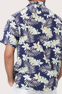 Men's tropical styling featuring the Chalet Shirt in Monstrea Blue by By The Sea Bali