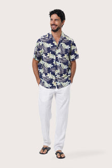 Front view of the Chalet Shirt in Monstrea Blue print by By The Sea Bali, an easy resortwear staple