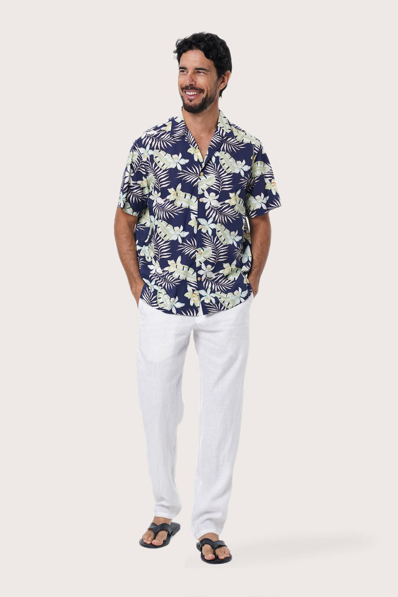 Front view of the Chalet Shirt in Monstrea Blue print by By The Sea Bali, an easy resortwear staple