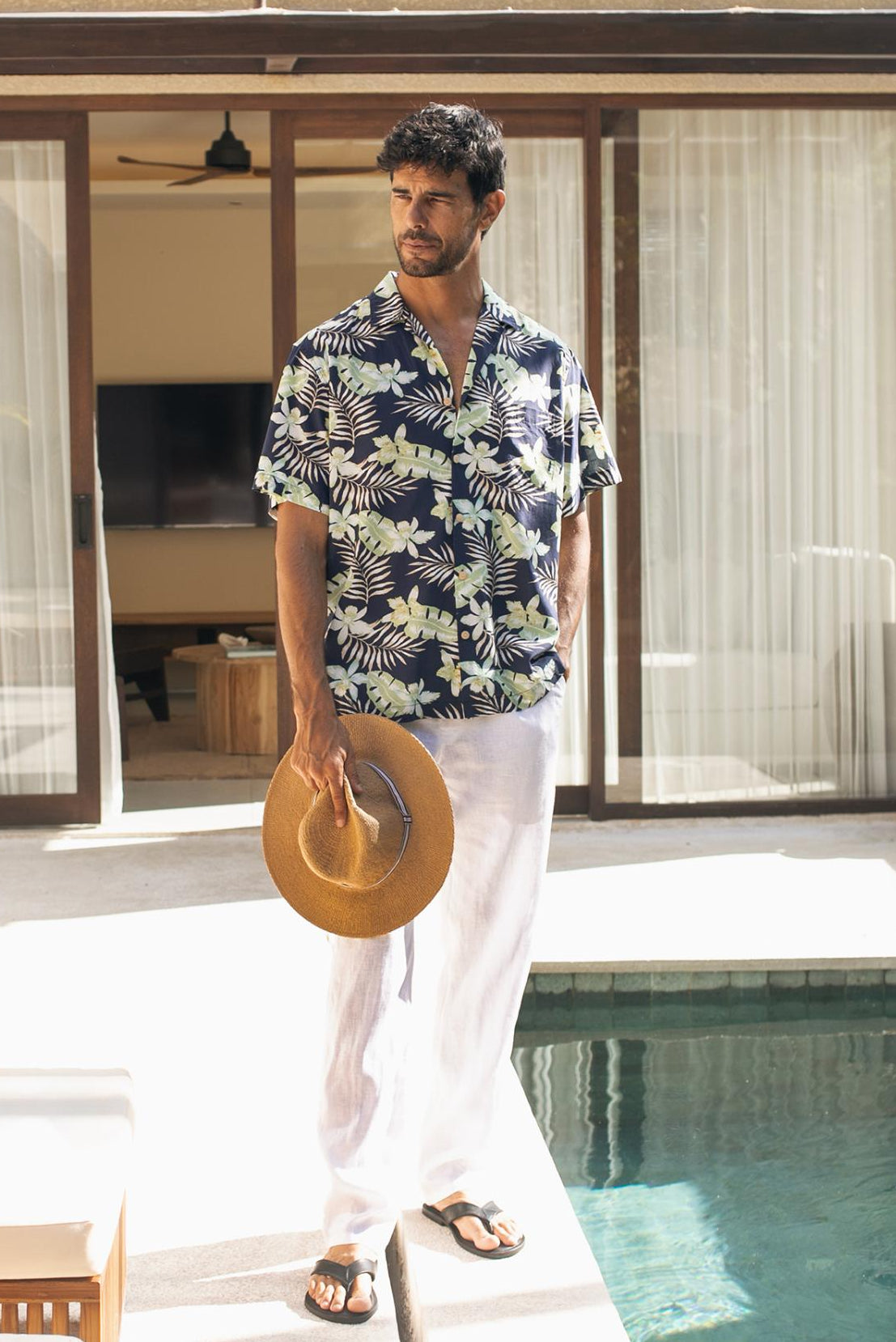 By The Sea Bali Chalet Shirt in Monstrea Blue — tropical monstera-leaf print on a relaxed camp-collar shirt
