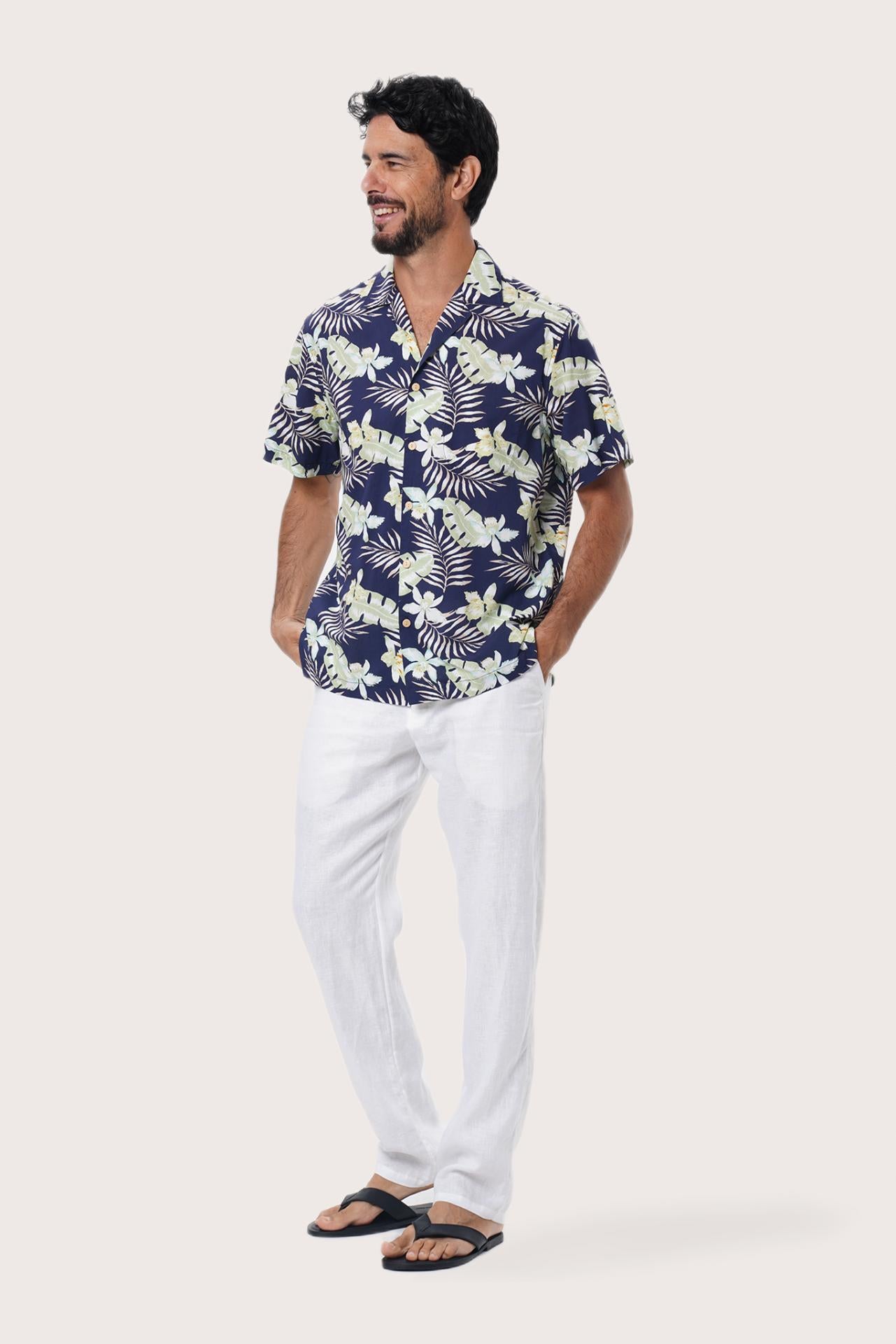 Close-up of the Monstrea Blue monstera-leaf print on the Chalet Shirt by By The Sea Bali