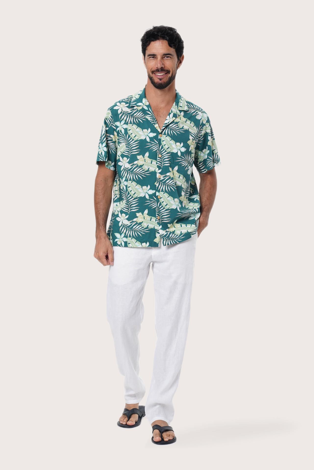 By The Sea Bali Chalet Shirt in Monstrea Green — tropical monstera-leaf print on a relaxed camp-collar shirt