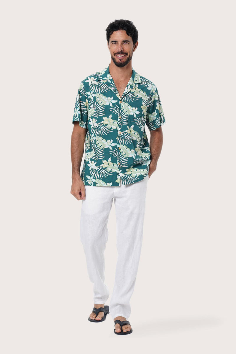By The Sea Bali Chalet Shirt in Monstrea Green — tropical monstera-leaf print on a relaxed camp-collar shirt