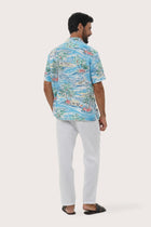 Close-up of the Tropical Day Blue print on the Chalet Shirt by By The Sea Bali