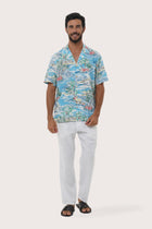 By The Sea Bali Chalet Shirt in Tropical Day Blue — relaxed camp-collar shirt in a breezy tropical print