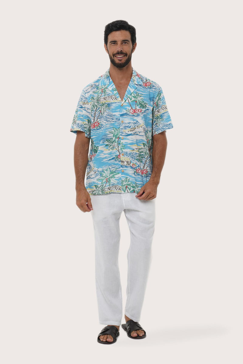 By The Sea Bali Chalet Shirt in Tropical Day Blue — relaxed camp-collar shirt in a breezy tropical print