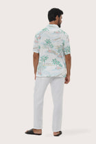 Open camp collar and button-front detail of the Chalet Shirt in Tropical Day White by By The Sea Bali