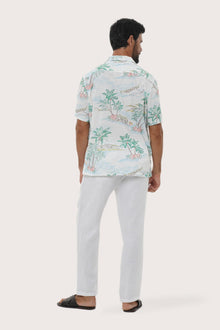 Open camp collar and button-front detail of the Chalet Shirt in Tropical Day White by By The Sea Bali