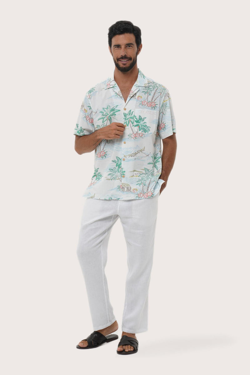 Front view of the Chalet Shirt in Tropical Day White print by By The Sea Bali, an easy resortwear staple