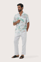 Close-up of the Tropical Day White print on the Chalet Shirt by By The Sea Bali
