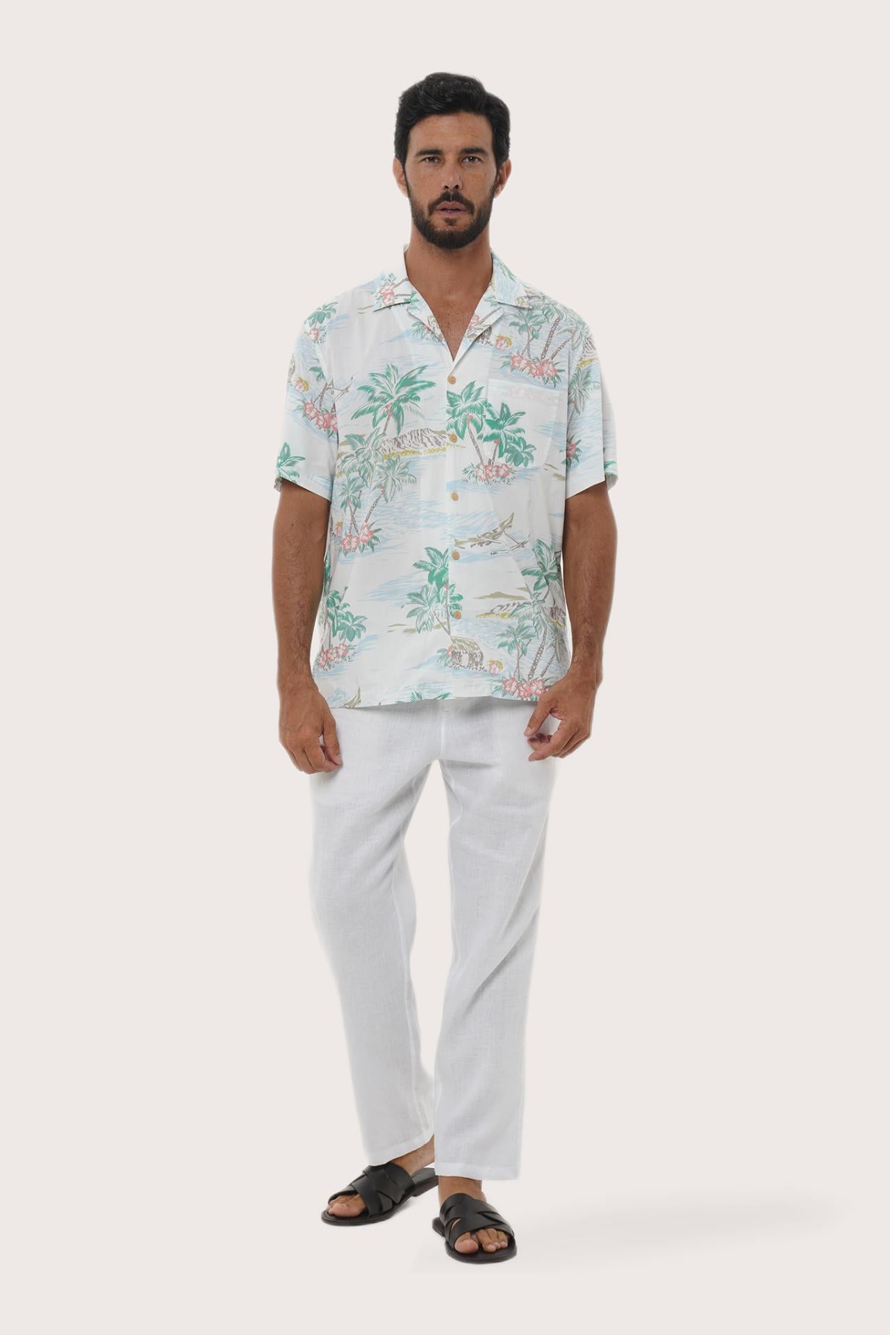 By The Sea Bali Chalet Shirt in Tropical Day White — relaxed camp-collar shirt in a breezy tropical print