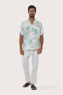 By The Sea Bali Chalet Shirt in Tropical Day White — relaxed camp-collar shirt in a breezy tropical print