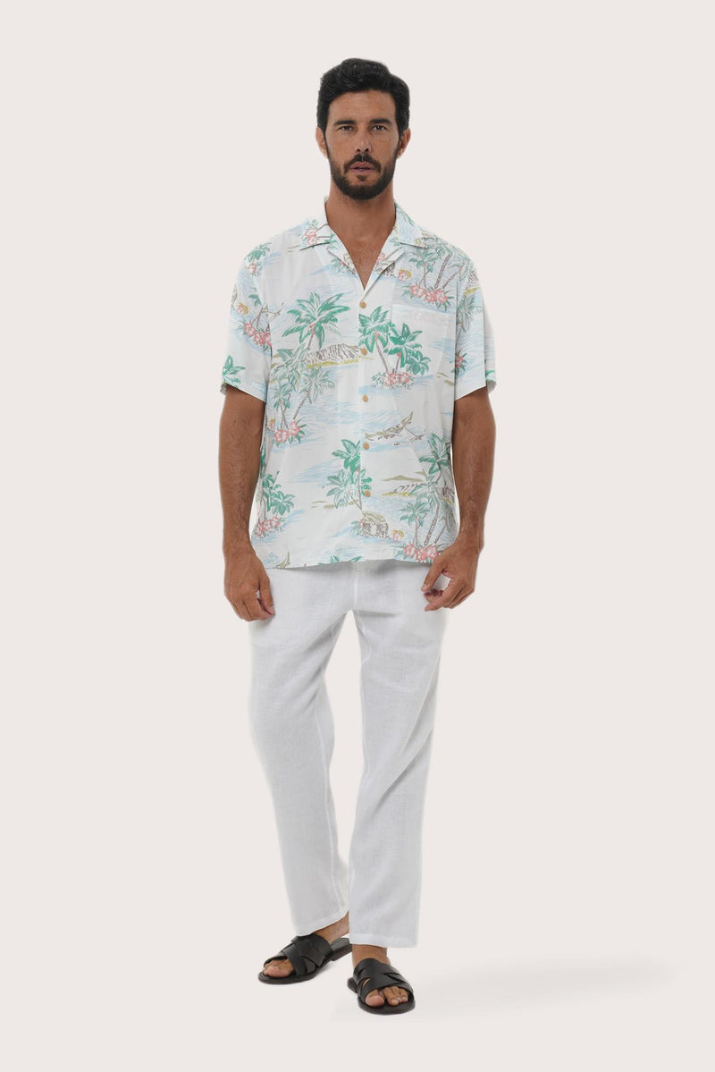 By The Sea Bali Chalet Shirt in Tropical Day White — relaxed camp-collar shirt in a breezy tropical print
