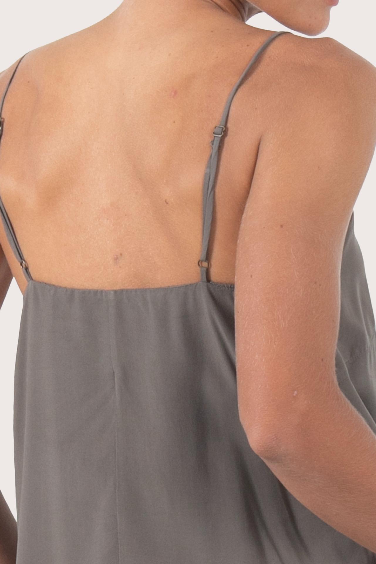 Close up back view highlighting the lightweight rayon fabric, smooth drape and clean silhouette