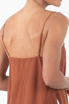 close up back view highlighting the lightweight rayon fabric, smooth drape and clean silhouette