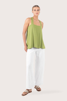 Front view of the sage green rayon top showcasing the relaxed silhouette, clean neckline and modern design