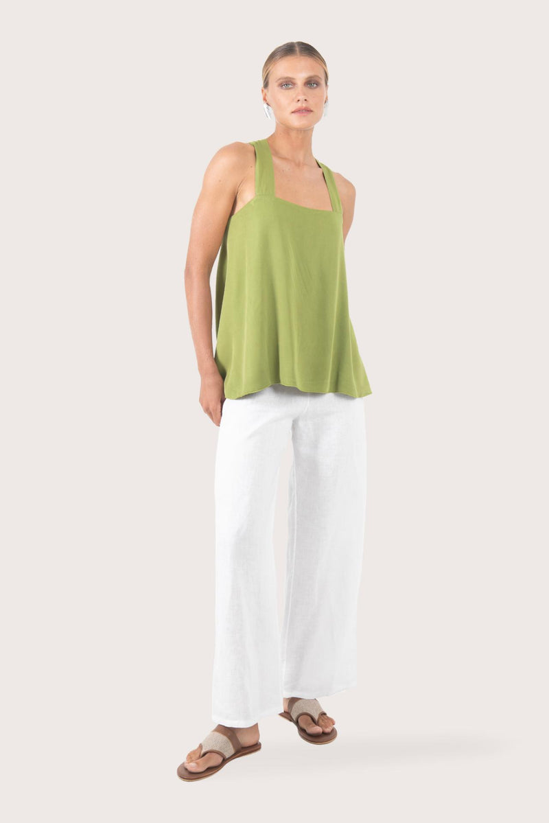 Front view of the sage green rayon top showcasing the relaxed silhouette, clean neckline and modern design
