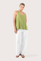 Front view of the sage green rayon top showcasing the relaxed silhouette, clean neckline and modern design