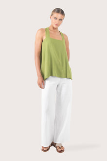 Front view of the sage green rayon top showcasing the relaxed silhouette, clean neckline and modern design