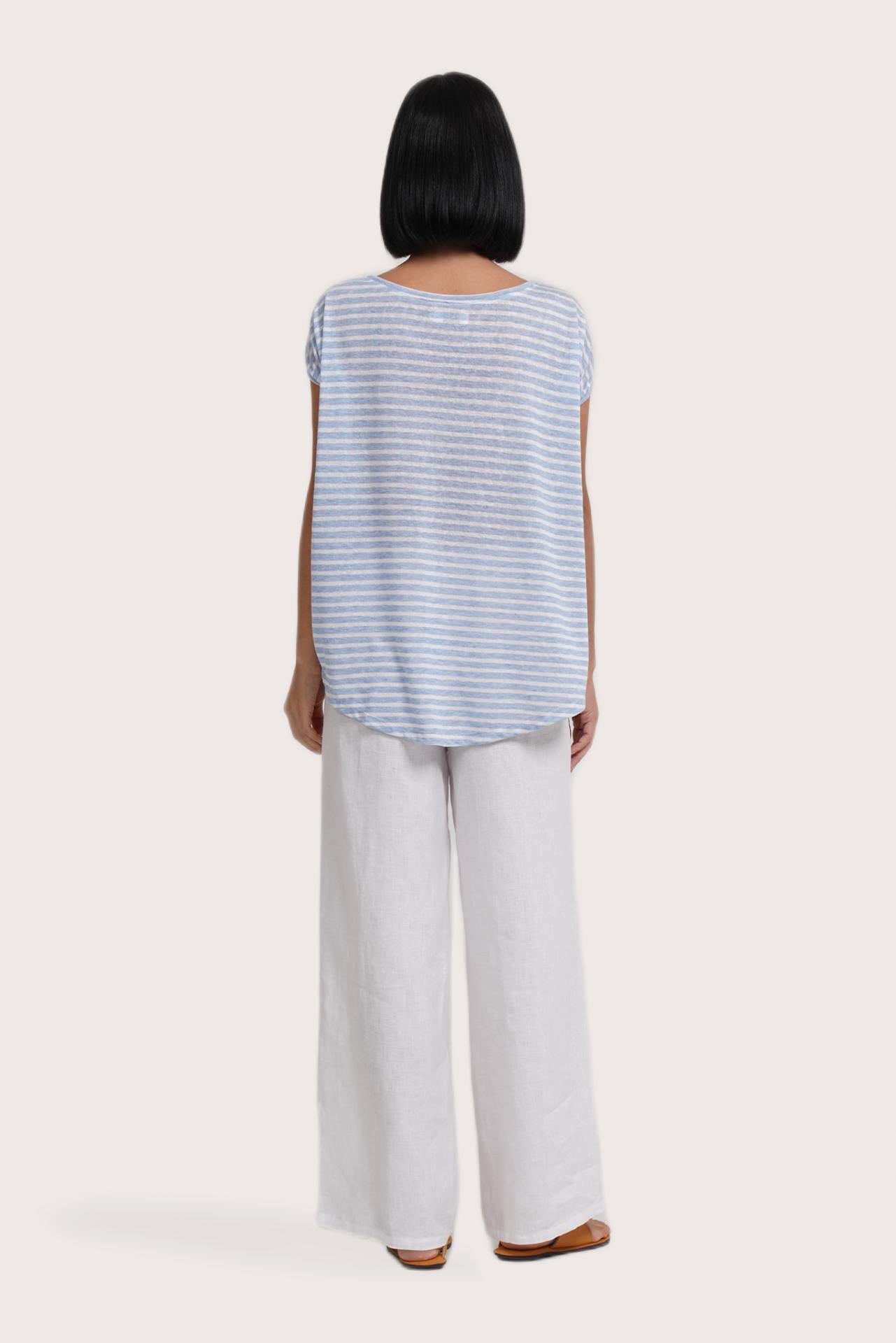 Back view of the Cyra T-shirt Stripe Light Blue highlighting the garment shape and drape.