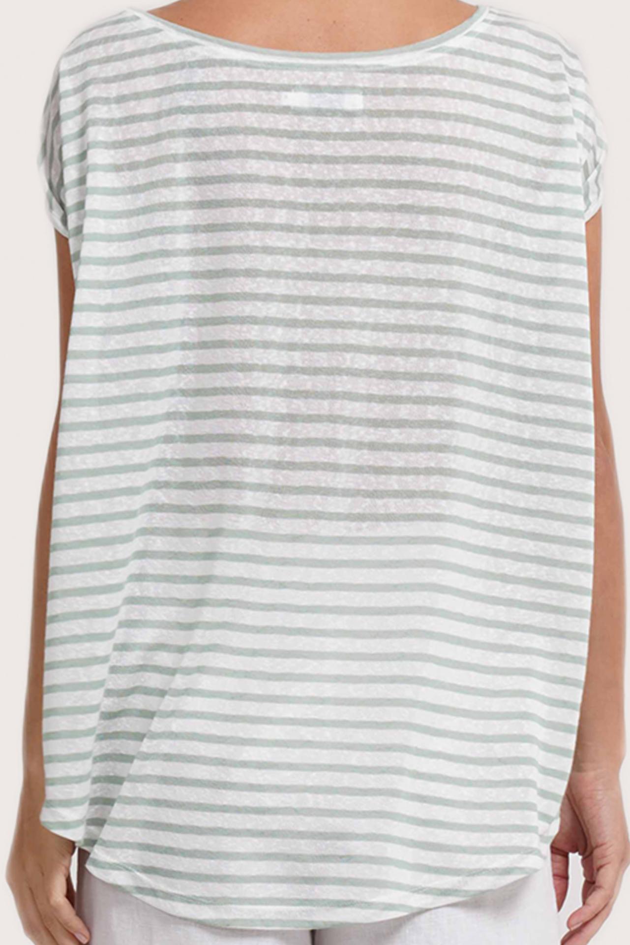 Back view details of the Cyra T-shirt Stripe Pastel Green highlighting the garment shape and drape.