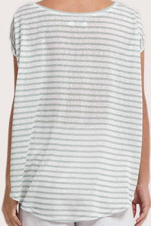 Back view details of the Cyra T-shirt Stripe Pastel Green highlighting the garment shape and drape.