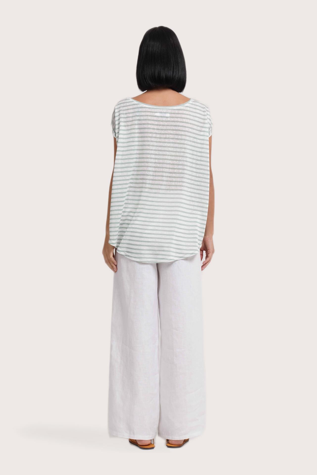 Back view of the Cyra T-shirt Stripe Pastel Green highlighting the garment shape and drape.