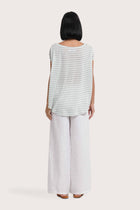 Back view of the Cyra T-shirt Stripe Pastel Green highlighting the garment shape and drape.