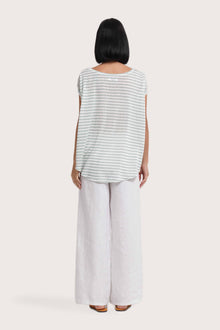 Back view of the Cyra T-shirt Stripe Pastel Green highlighting the garment shape and drape.