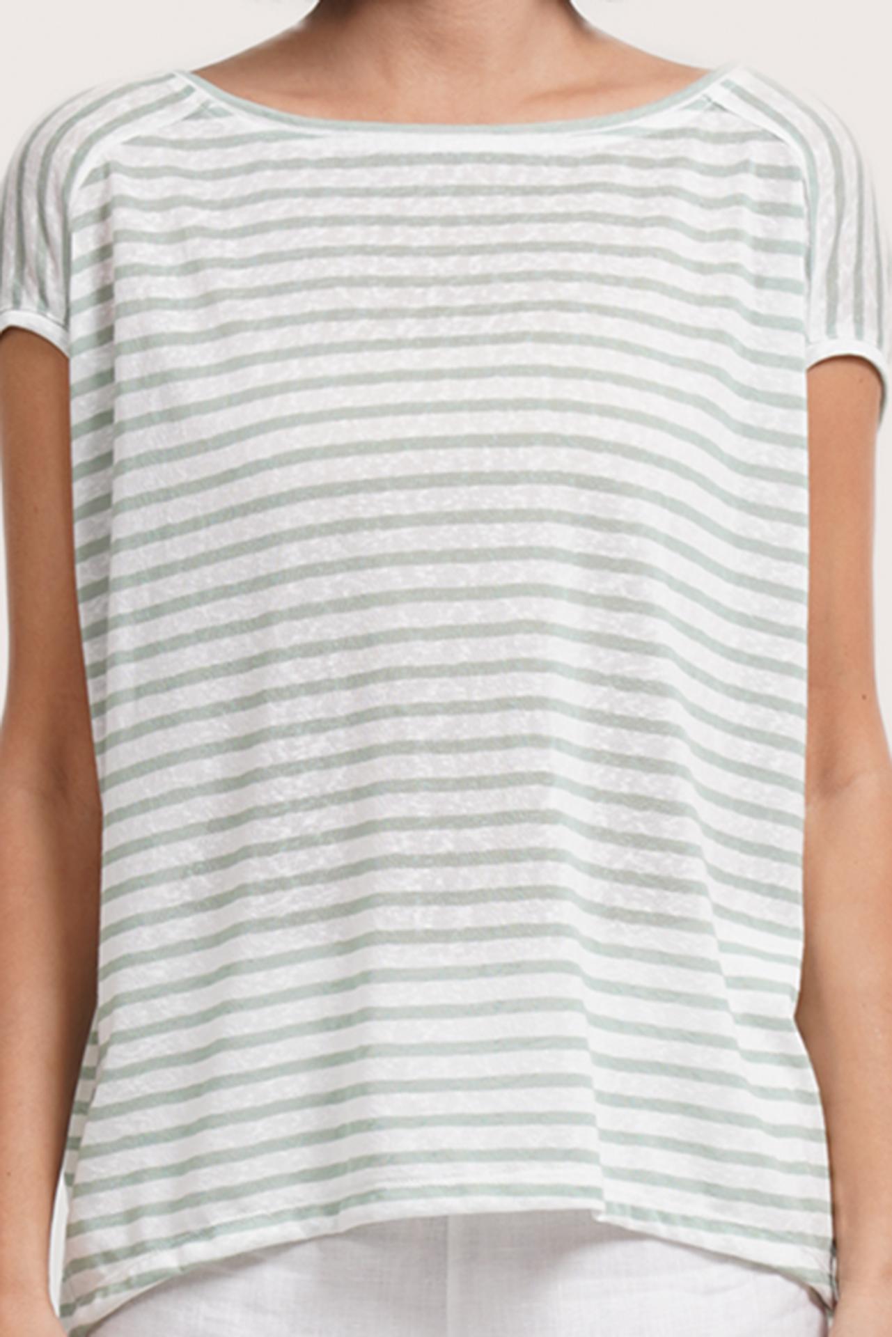 Close up front detail of the Cyra T-shirt Stripe Pastel Green highlighting craftsmanship and design features.