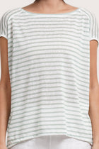 Close up front detail of the Cyra T-shirt Stripe Pastel Green highlighting craftsmanship and design features.
