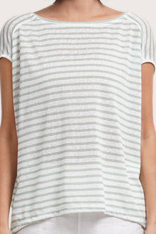 Close up front detail of the Cyra T-shirt Stripe Pastel Green highlighting craftsmanship and design features.