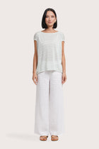 Front view of the Cyra T-shirt Stripe Pastel Green showcasing its silhouette and relaxed fit.
