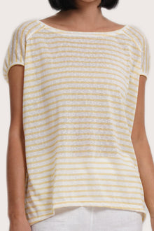 Close up front detail of the Cyra T-shirt Stripe Yellow highlighting craftsmanship and design features.