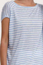 Close up front detail of the Cyra T-shirt Stripe Kight Blue highlighting craftsmanship and design features.