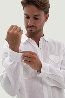 Close-up texture of the breathable linen fabric and premium craftsmanship