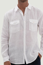 Close-up of the linen fabric texture and refined tailoring details on the white shirt