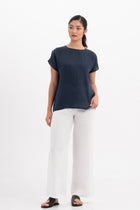 Front view of the Darya Linen Top Navy Blue showcasing its silhouette and relaxed fit.