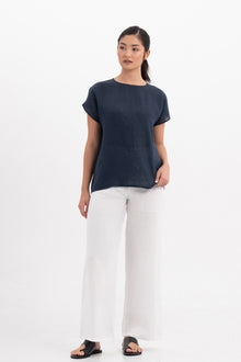 Front view of the Darya Linen Top Navy Blue showcasing its silhouette and relaxed fit.