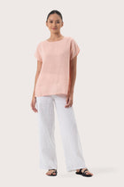 Front view of the Darya Linen Top Pink showcasing its silhouette and relaxed fit.